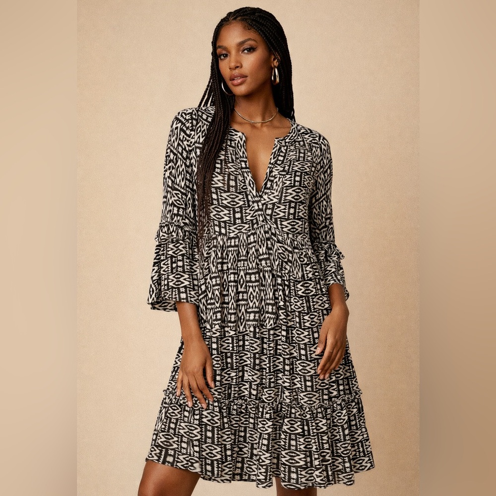 NY Collection Black and White Boho Print Dress Size Medium